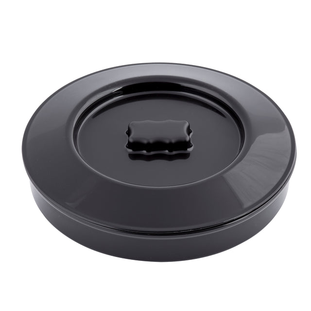 A round, glossy black tortilla warmer made of polypropylene with a matching lid. The ridged handle sits at the center, and its smooth surface reflects light. This dishwasher safe container is shown on a plain white background.