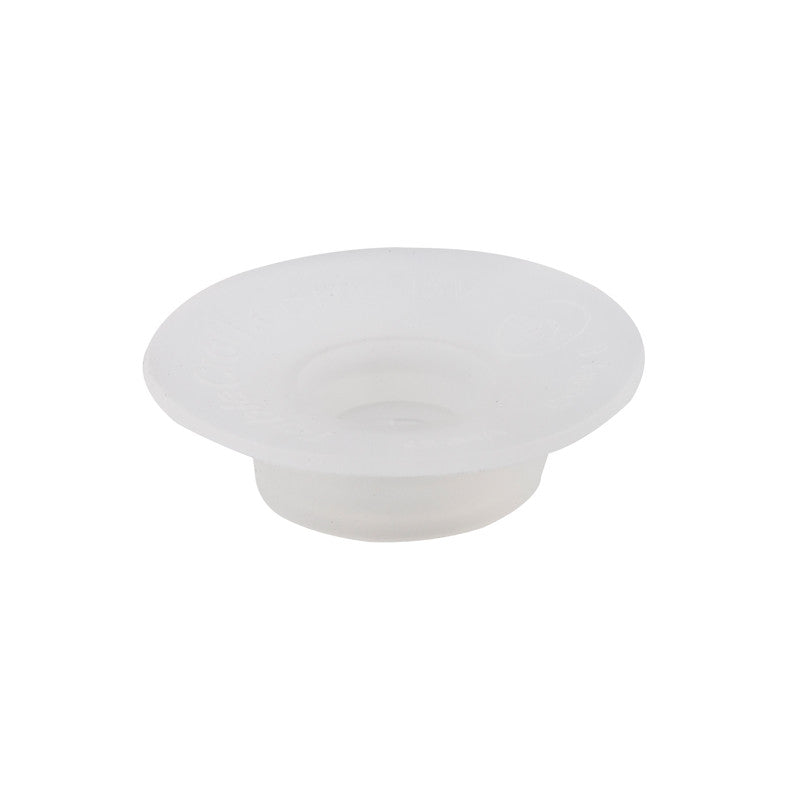 A translucent, circular silicone flange with a wide, flat rim and a smaller raised center serves as a valve for an Invertatop squeeze bottle. The surface is smooth and matte, photographed against a white background.