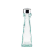 A clear, empty Marbella Shaker made from recycled green tint glass with a square base and slightly flared neck is topped with a shiny chrome plated ABS top, featuring several small holes, and centered on a white background.