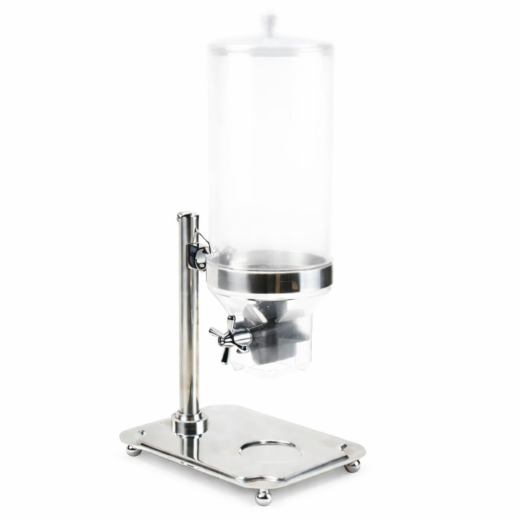 A tall, cylindrical TableCraft cereal dispenser with a transparent body and stainless steel base. It features a spigot for dispensing liquids or grains, a removable lid, and small feet for stability, offering a sleek, modern appearance.