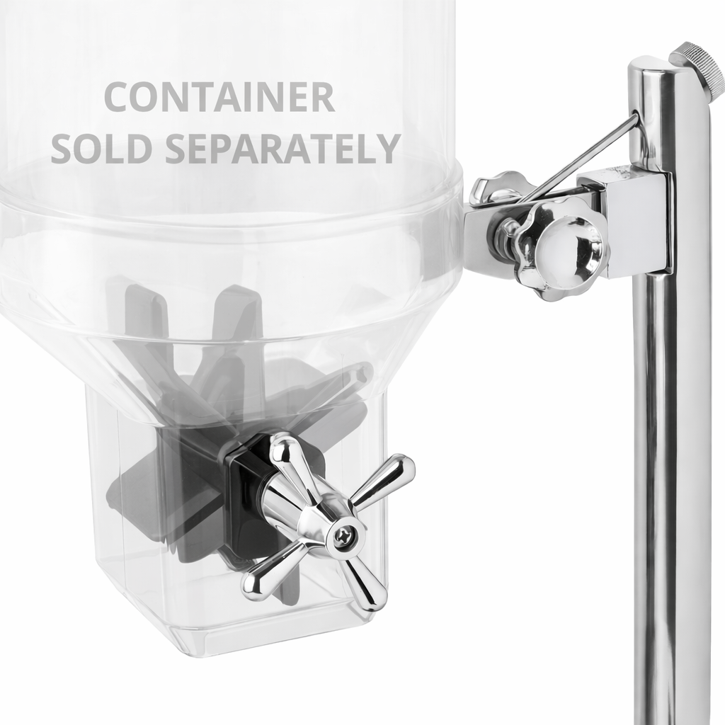 Close-up of a TableCraft cereal dispenser base with a cross-shaped paddle handle. The words CONTAINER SOLD SEPARATELY are printed on the clear upper section. The container itself is not included; only its shiny metal stand is shown.