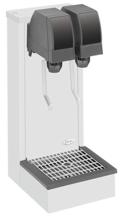 A commercial Tea Tower Dispenser featuring two sanitary lever valves with black spouts, a white body, and a stainless steel drip tray. The base's grid pattern catches spills while levers under each spout ensure easy and hygienic drink dispensing.