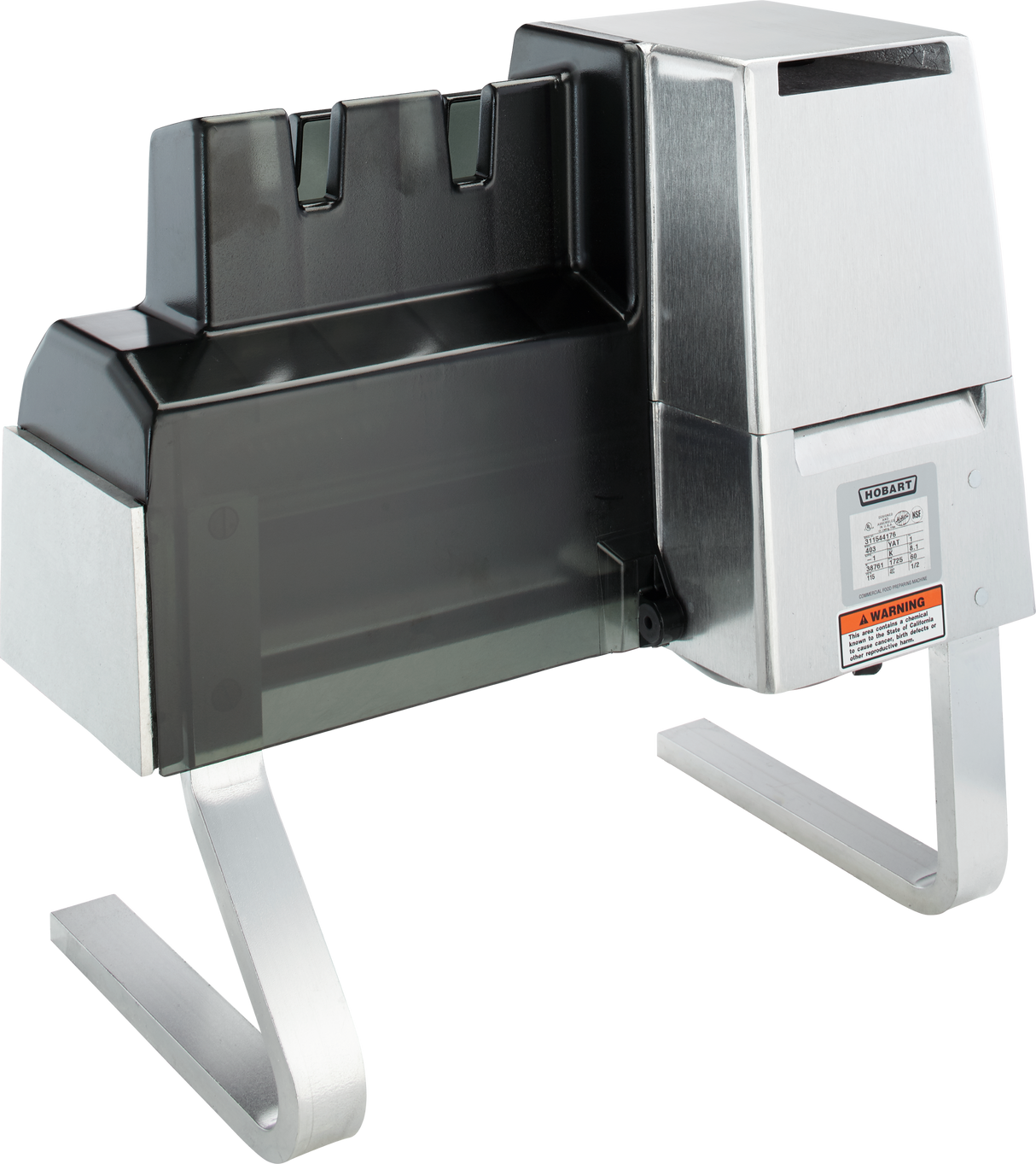 A commercial electric meat tenderizer, Hobart 403-13, features a metal body, two sturdy legs, a black plastic safety guard, and warning labels. Designed for countertop use with Canada configuration and voltage specification details on the side.