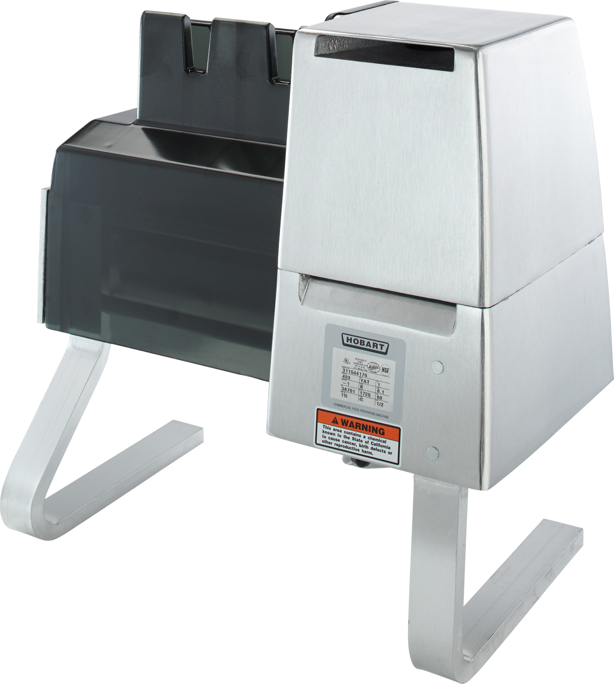 The Hobart 403 Meat Tenderizer is a commercial-grade countertop model with a brushed metal finish, black plastic cover on top, warning label on the front, and two sturdy metal legs—perfect for heavy-duty food preparation.