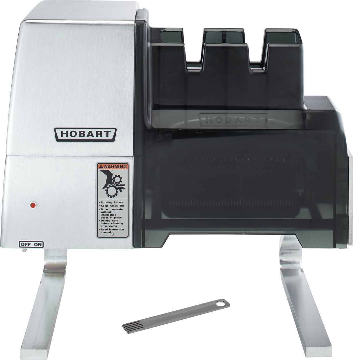 A Hobart 403-13 commercial knife sharpener with a silver and black finish stands on metal legs. An ON/OFF switch, warning label, and voltage specification are visible. A metal cleaning tool with several prongs rests in front.