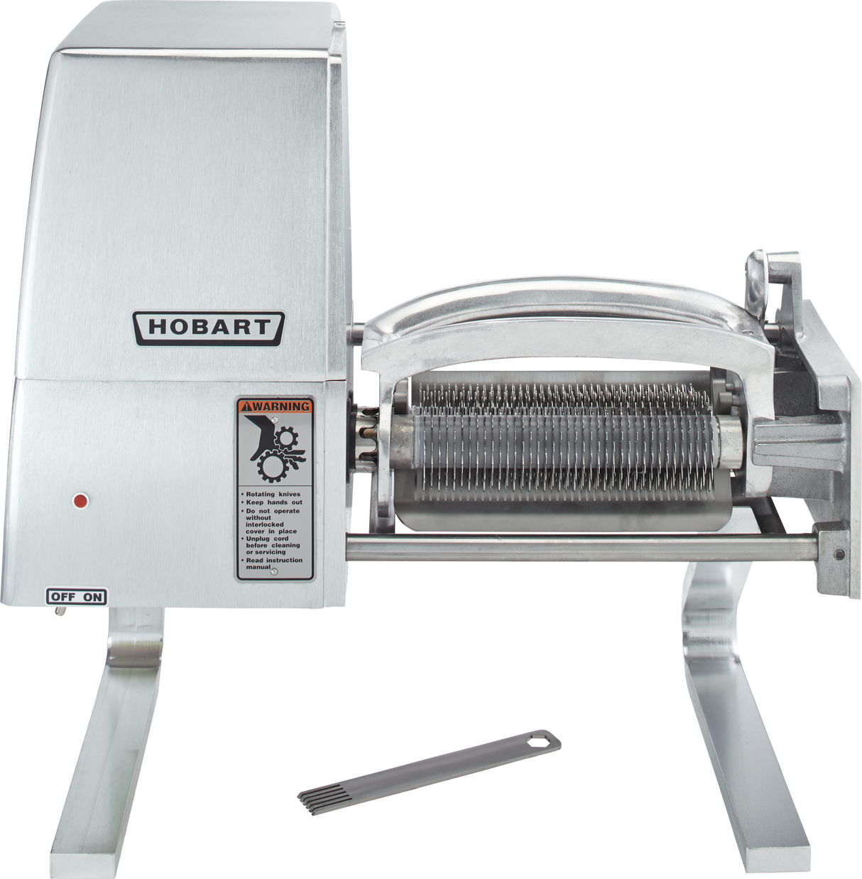 A stainless steel Hobart 403-13 meat tenderizer machine with two roller blades, an on/off switch, a warning label, and the brand logo. A metal cleaning tool with a handle and teeth lies in front; Canada configuration voltage specification available.