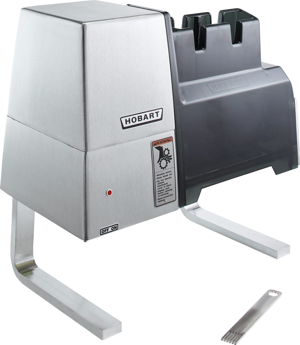 A stainless steel Hobart 403-1 meat tenderizer machine with two sturdy legs, a black plastic top cover, and a red warning label. A small metal comb tool lies in front. The unit is photographed on a white background with US export configuration.