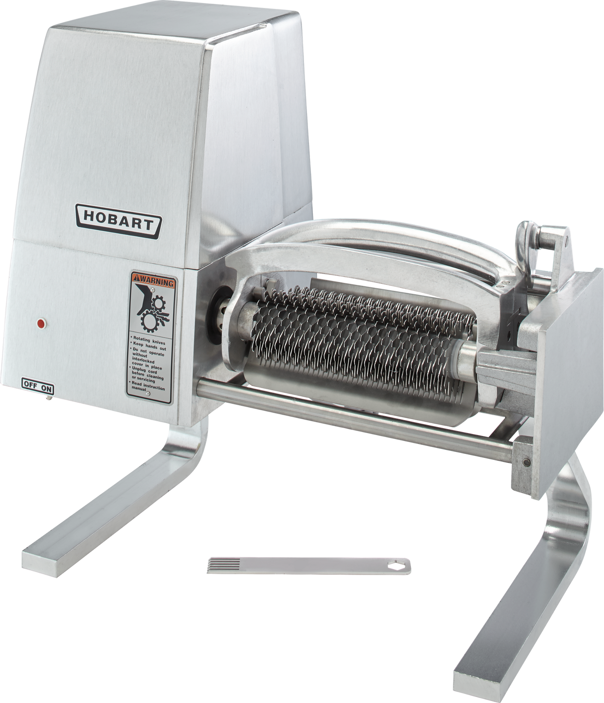 A stainless steel Hobart 403 Meat Tenderizer countertop model with exposed blade rollers, angular legs, and a visible warning label. A small cleaning tool is placed in front of the machine on a white background.