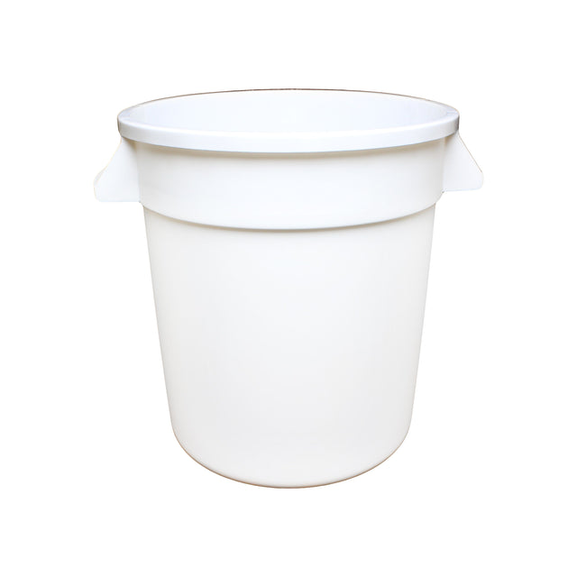A large, round, 10 gallon white plastic bucket with a wide rim and two small handles on each side. The empty bucket is displayed against a plain white background, featuring a smooth surface and a prominent top opening.