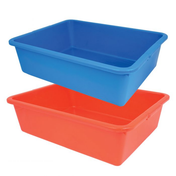 Two rectangular bus boxes, one blue and one red, are stacked with the blue tub slightly above and behind the red. Crafted from durable plastic with rounded edges and smooth surfaces, these 1-compartment tubs are empty against a plain white background.