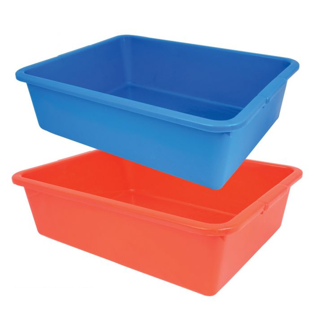 Two rectangular bus boxes, one blue and one red, are stacked with the blue tub slightly above and behind the red. Crafted from durable plastic with rounded edges and smooth surfaces, these 1-compartment tubs are empty against a plain white background.