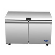 A stainless steel two-section reach-in refrigerator with two doors, flat top, and black handles sits on small wheels. A rectangular digital display is above the doors, with the “Arcen” logo on the lower right. The background is plain white.