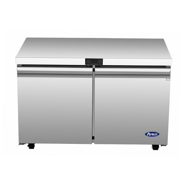 A stainless steel two-section reach-in refrigerator with two doors, flat top, and black handles sits on small wheels. A rectangular digital display is above the doors, with the “Arcen” logo on the lower right. The background is plain white.
