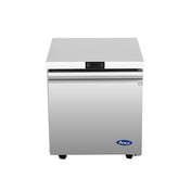 Front view of an Atosa undercounter refrigerator with a solid stainless steel door, small digital display on the top edge, and Atosa logo on the bottom right. This reach-in refrigerator features a plain design and stands on small wheels.
