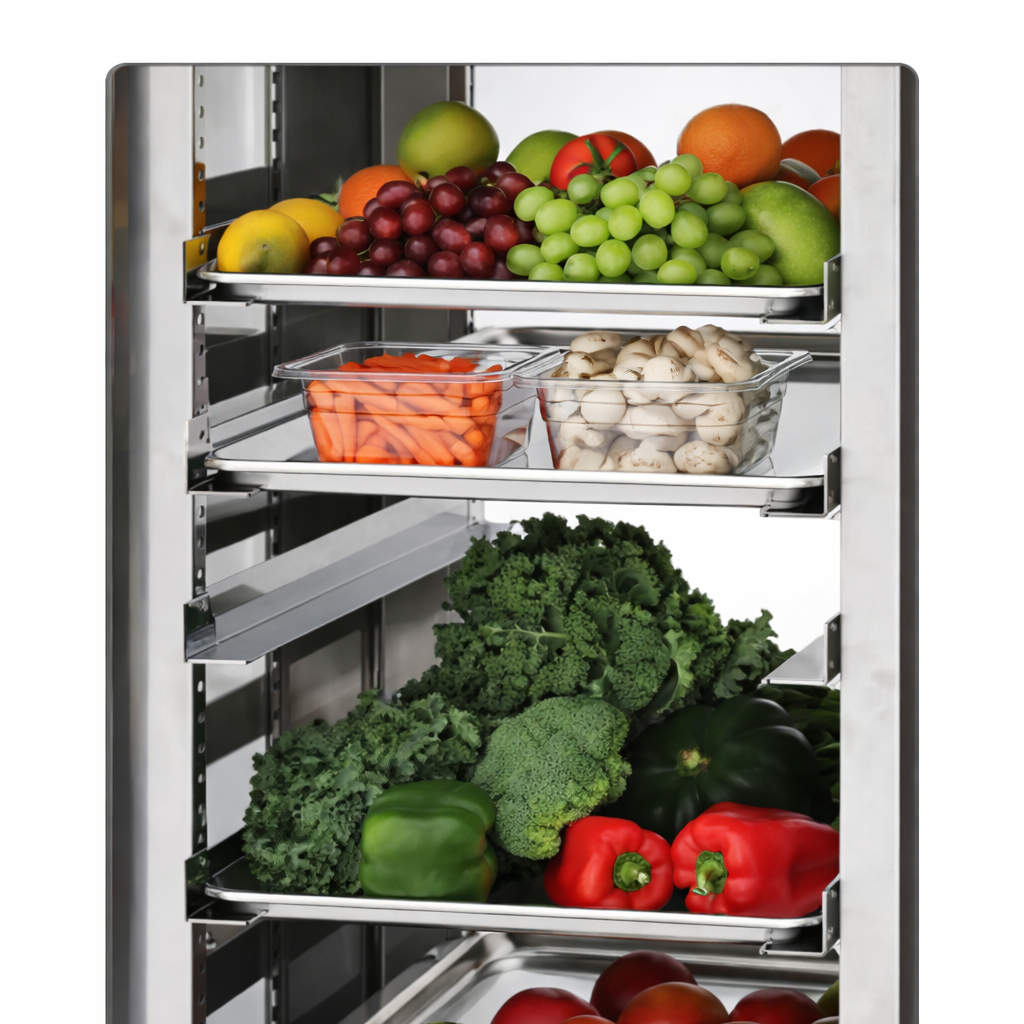 A Turbo Air stainless steel refrigerator with a tray slide kit features open shelves displaying assorted fresh produce—apples, grapes, kale, and more—all neatly organized in clear containers. Ideal for the PRO-77 model.