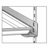 A close-up of a metal shelf bracket from a PRO-77 tray slide kit supports a rectangular tray on a shelving unit. The L-shaped bracket attaches to a vertical rail with evenly spaced slots. The image is in black and white.