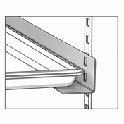 A close-up of a metal shelf bracket from a PRO-77 tray slide kit supports a rectangular tray on a shelving unit. The L-shaped bracket attaches to a vertical rail with evenly spaced slots. The image is in black and white.