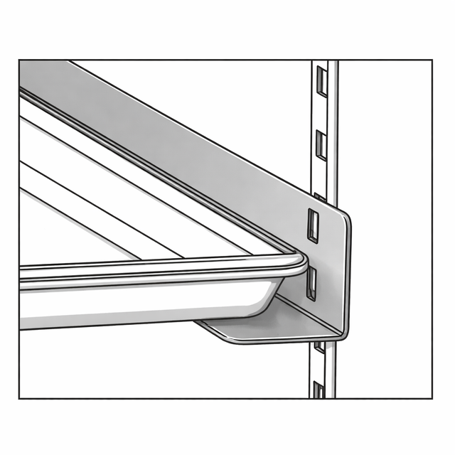 A close-up of a metal shelf bracket from a PRO-77 tray slide kit supports a rectangular tray on a shelving unit. The L-shaped bracket attaches to a vertical rail with evenly spaced slots. The image is in black and white.