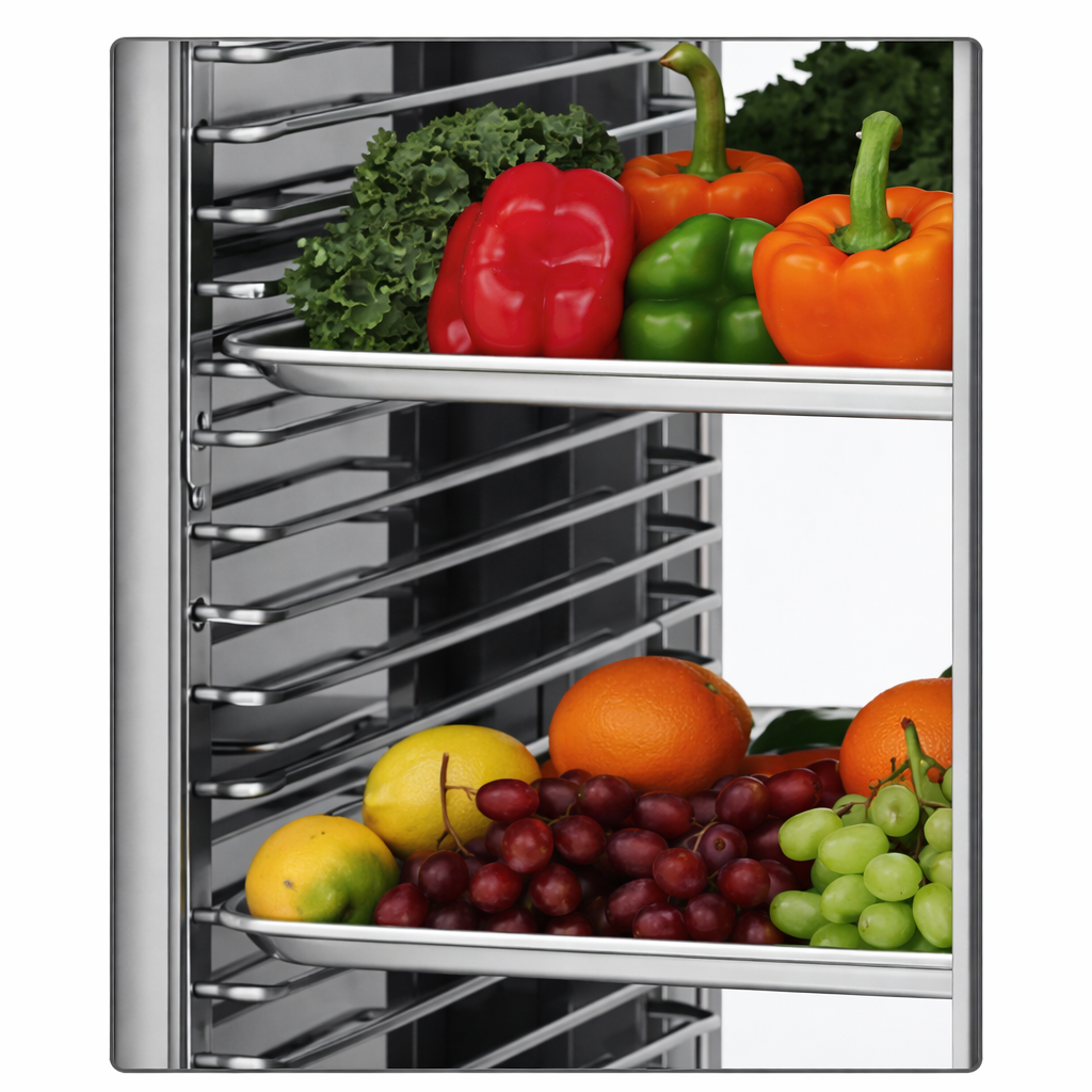 A metal rack features a Turbo Air PRO-77 tray slide kit holding two shelves of fresh produce: the top shelf displays green kale and colorful bell peppers, while the lower shelf has grapes, oranges, limes, and lemons against a plain white background.