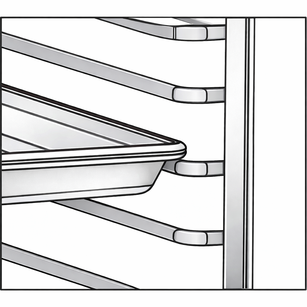 A metal baking sheet rests on angled racks of a Turbo Air PRO-77 bakery rack. The image is close up, showing the tray partially pulled out from the Tray Slide Kit, with empty horizontal slots above and below, against a white background.