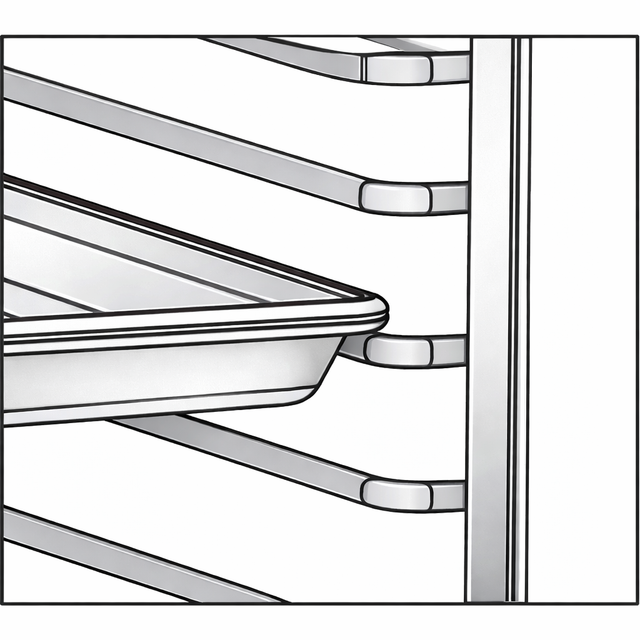 A metal baking sheet rests on angled racks of a Turbo Air PRO-77 bakery rack. The image is close up, showing the tray partially pulled out from the Tray Slide Kit, with empty horizontal slots above and below, against a white background.