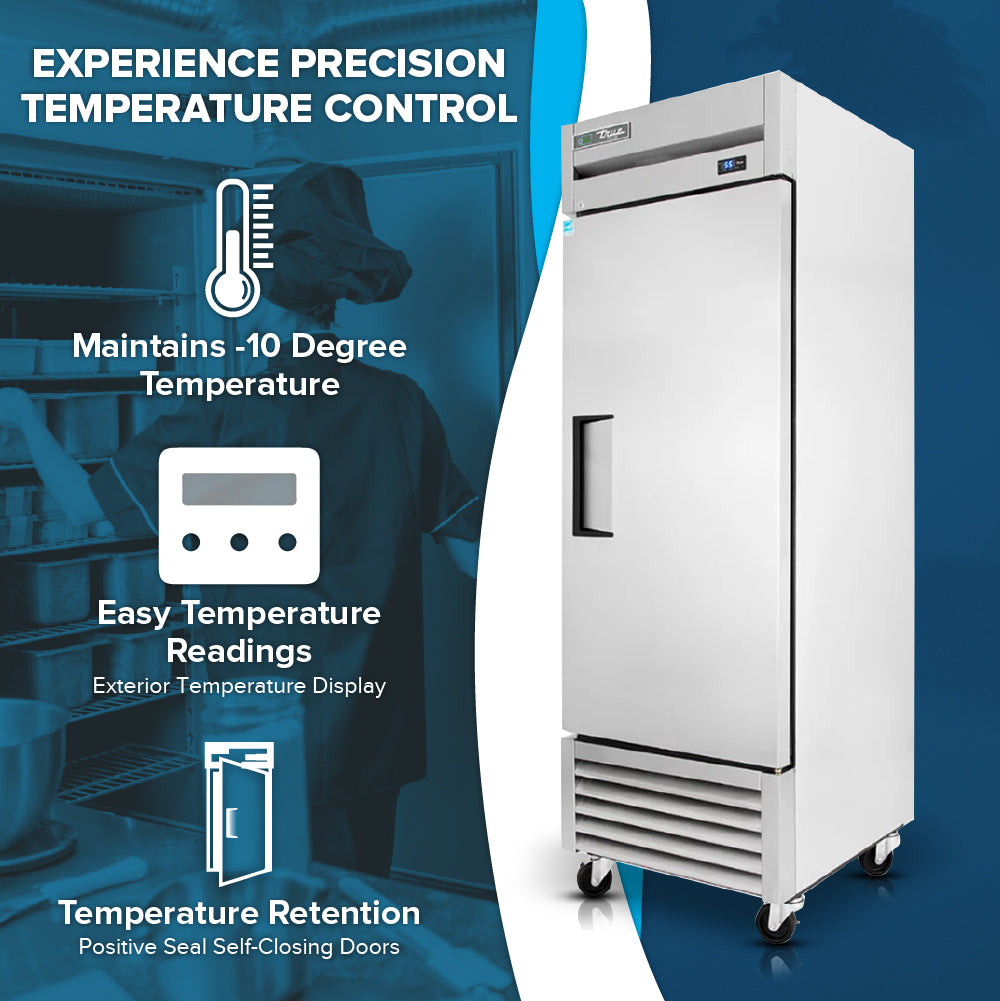 A commercial reach-in freezer, like the True Refrigeration T-23F-HC, stands upright with a digital display. Nearby infographics highlight: “Maintains -10 Degree Temperature,” “Easy Temperature Readings,” and “Temperature Retention.”.