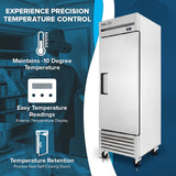A commercial reach-in freezer, like the True Refrigeration T-23F-HC, stands upright with a digital display. Nearby infographics highlight: “Maintains -10 Degree Temperature,” “Easy Temperature Readings,” and “Temperature Retention.”.