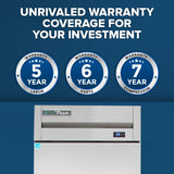 A blue background displays three warranty badges: “5 Year Labor,” “6 Year Parts,” and “7 Year Compressor.” Bold text reads “Unrivaled warranty coverage for your investment” above a silver True Refrigeration T-23F-HC commercial reach-in freezer with a digital display.
