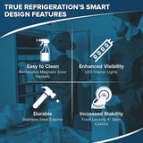 A blue graphic image highlights four features of the True Refrigeration T-23F-HC commercial reach-in freezer: easy-clean magnetic door gaskets, LED lights, stainless steel exterior, and locking castors. Chefs are shown using this foodservice freezer.