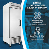 A tall, stainless steel True Refrigeration T-23F-HC commercial reach-in freezer stands on wheels beside a blue panel with text and icons promoting easy installation, plug and play use, and time-saving features. Shelves with pans and a worker are visible behind the overlay.