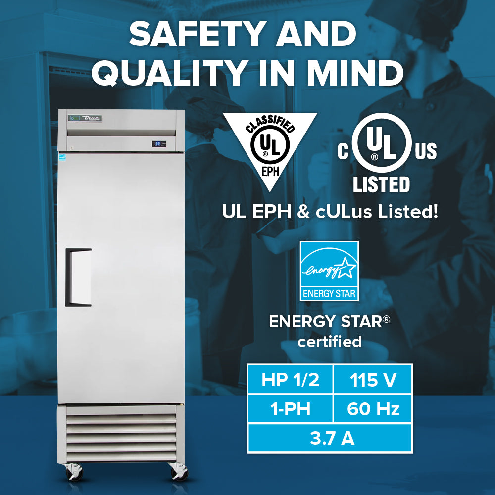 A commercial reach-in freezer stands in the foreground. Text highlights “Safety and Quality in Mind,” UL EPH and cULus certifications, ENERGY STAR® certified, with specs: 1/2 HP, 115V, 60Hz, 3.7A. Two chefs blur in the blue-toned background.