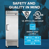 A commercial reach-in freezer stands in the foreground. Text highlights “Safety and Quality in Mind,” UL EPH and cULus certifications, ENERGY STAR® certified, with specs: 1/2 HP, 115V, 60Hz, 3.7A. Two chefs blur in the blue-toned background.