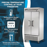 A True Refrigeration T-35-HC commercial reach-in refrigerator stands on casters. Text highlights its features: precise temperature control (+33°F to +38°F), exterior temperature display, and positive seal self-closing doors. Blue background with chef silhouette.