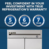 A blue background displays text: “Feel confident in your investment with True Refrigeration’s warranty.” Three circular icons show warranties—5 years labor, 6 years parts, and 7 years compressor—above a True Refrigeration T-35-HC stainless steel refrigerator.