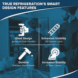 A promotional graphic showcases four smart features of the True Refrigeration T-35-HC commercial reach-in refrigerator: sleek recessed door handles, LED lights, a durable stainless steel exterior, and stable 4-inch stem castors. Chefs appear in the background.