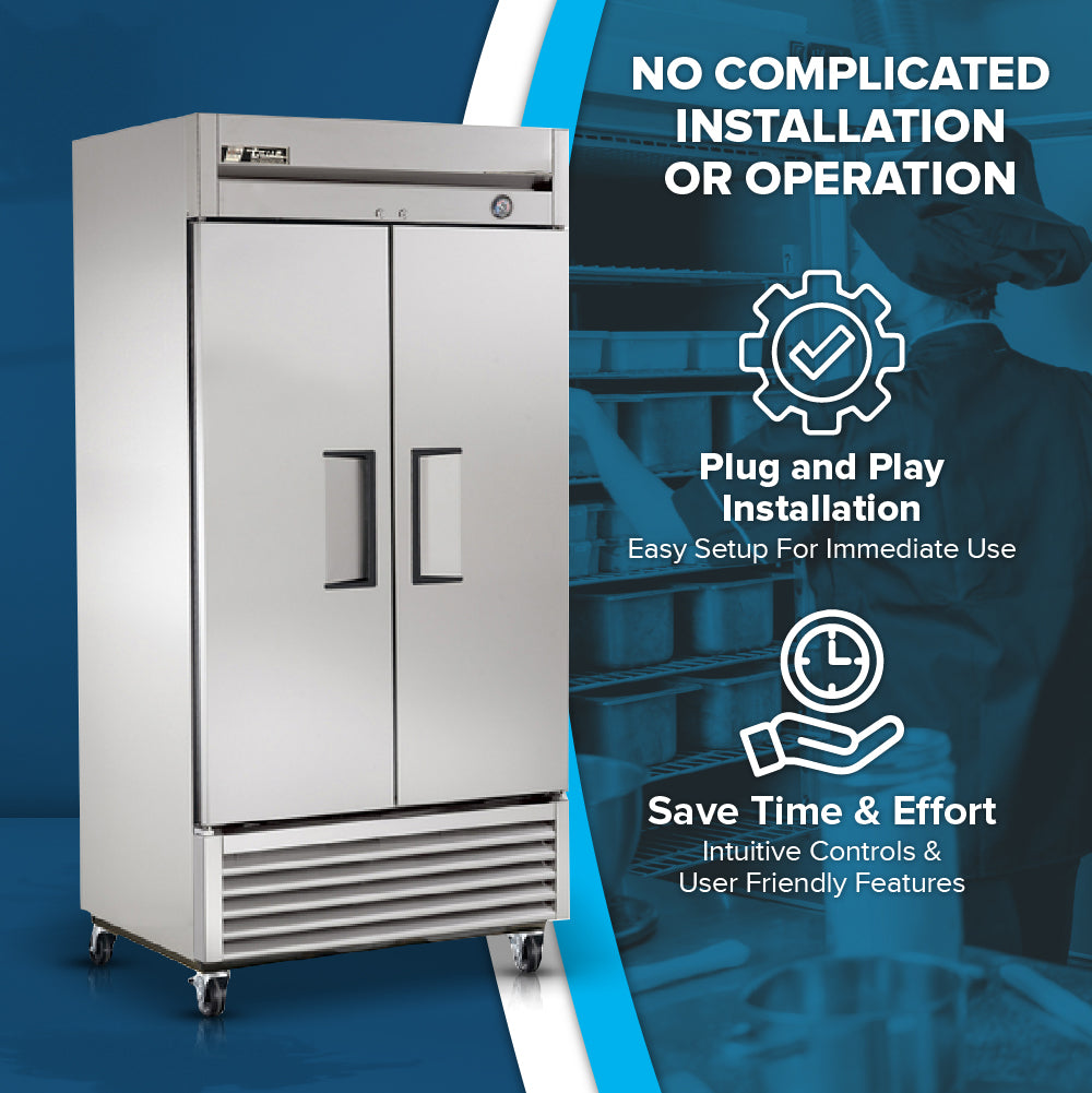 A stainless steel commercial reach-in refrigerator stands on wheels with two doors. Text reads: “No complicated installation or operation. Plug and play—easy setup for immediate use. Save time & effort—intuitive controls & user-friendly features.” Chef blurred in background.