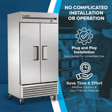 A stainless steel commercial reach-in refrigerator stands on wheels with two doors. Text reads: “No complicated installation or operation. Plug and play—easy setup for immediate use. Save time & effort—intuitive controls & user-friendly features.” Chef blurred in background.