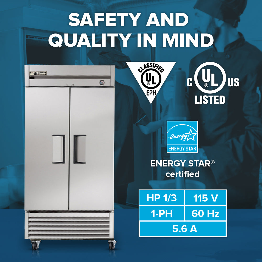A commercial reach-in refrigerator, the True Refrigeration T-35-HC, with two stainless steel doors stands before a blue background. Overlay text reads: Safety and quality in mind. Certifications and specs are clearly displayed; blurred people in background.