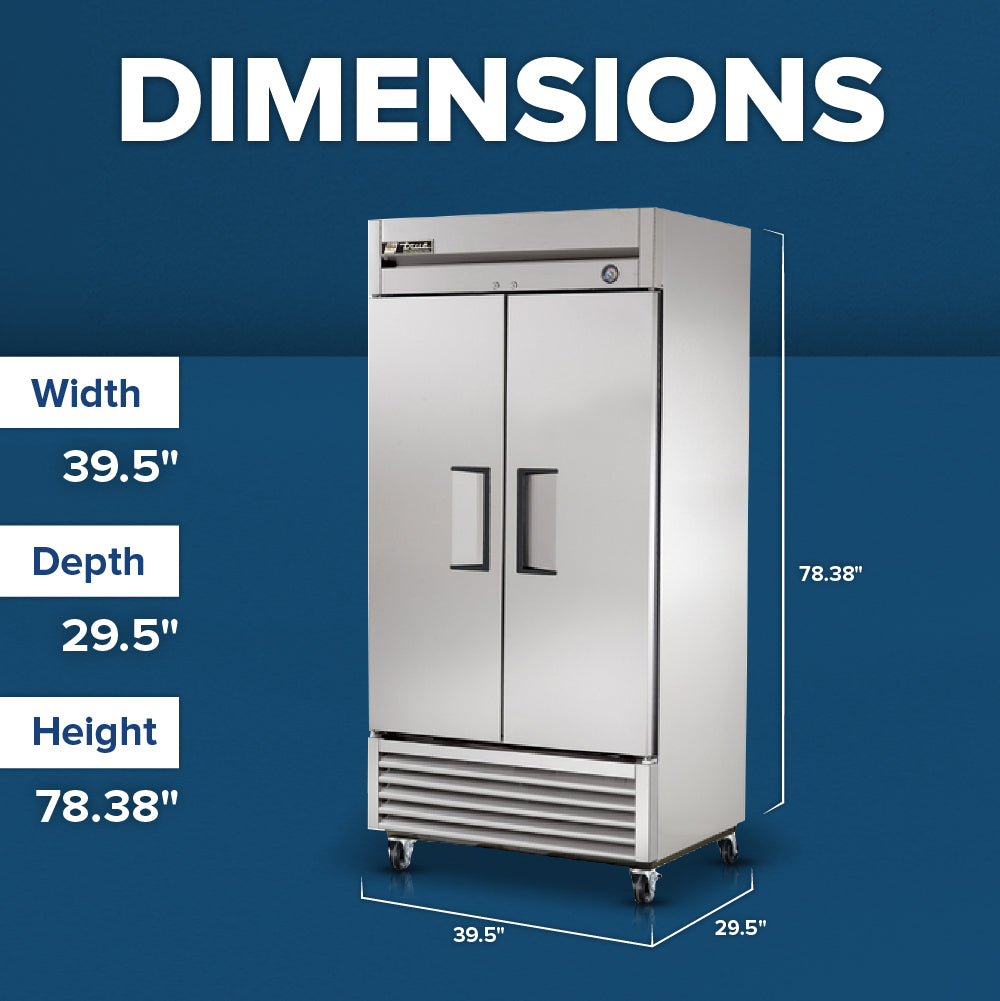 A True Refrigeration T-35-HC commercial reach-in refrigerator with double doors and wheels is shown against a blue background. White labels and lines highlight its dimensions: 39.5 wide, 29.5 deep, and 78.38 high.