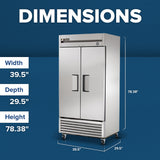 A True Refrigeration T-35-HC commercial reach-in refrigerator with double doors and wheels is shown against a blue background. White labels and lines highlight its dimensions: 39.5 wide, 29.5 deep, and 78.38 high.
