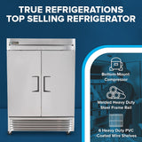 A large True Refrigeration T-49-HC commercial reach-in refrigerator with double doors stands on the left. On the right, icons and text highlight key features: energy-efficient cooling, bottom-mount compressor, and six PVC-coated wire shelves.