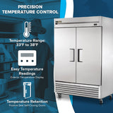 A large stainless steel commercial reach-in refrigerator, like the True Refrigeration T-49-HC, is shown with text highlighting “Precision Temperature Control,” “Energy-Efficient Cooling,” and easy temperature readings. Kitchen staff are visible in the background.