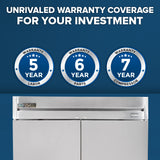 A blue background features bold white text: “Unrivaled Warranty Coverage For Your Investment.” Below are three silver badges detailing “5 Year Labor,” “6 Year Parts,” and “7 Year Compressor” for a True Refrigeration T-49-HC commercial reach-in refrigerator.