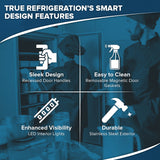 A blue and white infographic highlights four smart design features of the True Refrigeration T-49-HC commercial reach-in refrigerator, including energy-efficient cooling, recessed handles, LED interior lights, and a durable stainless steel exterior. A chef stands by a fridge.