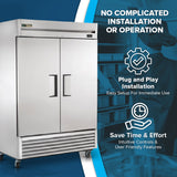 A commercial reach-in refrigerator stands on the left. On the right, white text highlights features: No complicated installation or operation, energy-efficient cooling, and Plug and play installation, with gear and clock icons on a blue background.