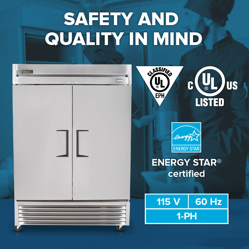 A large True Refrigeration T-49-HC commercial reach-in refrigerator stands in front of a blue background, with overlay text highlighting its energy-efficient cooling, safety, quality, UL and Energy Star ratings, and electrical specs (115 V, 60 Hz).
