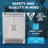 A large True Refrigeration T-49-HC commercial reach-in refrigerator stands in front of a blue background, with overlay text highlighting its energy-efficient cooling, safety, quality, UL and Energy Star ratings, and electrical specs (115 V, 60 Hz).