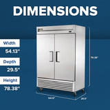 A large, stainless steel True Refrigeration T-49-HC commercial reach-in refrigerator is shown on a blue background. Text highlights its dimensions and energy-efficient cooling. The double-door unit stands on wheels, with sturdy handles on both doors.