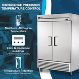 A large stainless steel True Refrigeration T-49F-HC commercial reach-in freezer with double doors stands open in a kitchen. Overlay graphics highlight its -10°F setting, exterior temperature display, and positive seal self-closing doors.