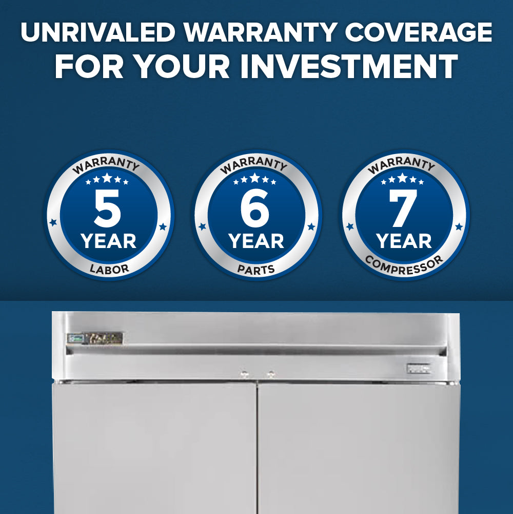 A blue background with bold white text: UNRIVALED WARRANTY COVERAGE FOR YOUR INVESTMENT. Below are icons for 5-year labor, 6-year parts, and 7-year compressor warranties. The bottom shows a True Refrigeration T-49F-HC commercial reach-in freezer.